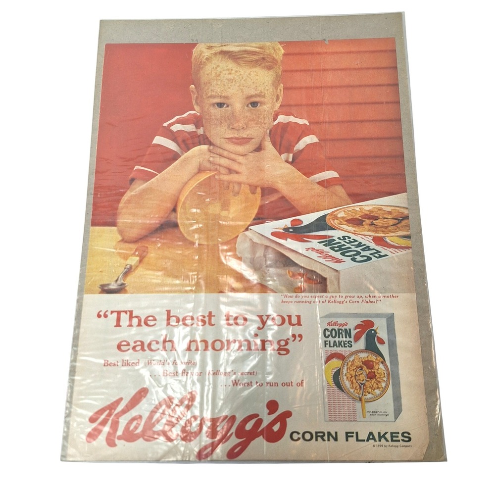 Vintage 1959 Kellogg's Corn‎ Flakes Print Ad Retro Cereal Boy Red White 14 x 10